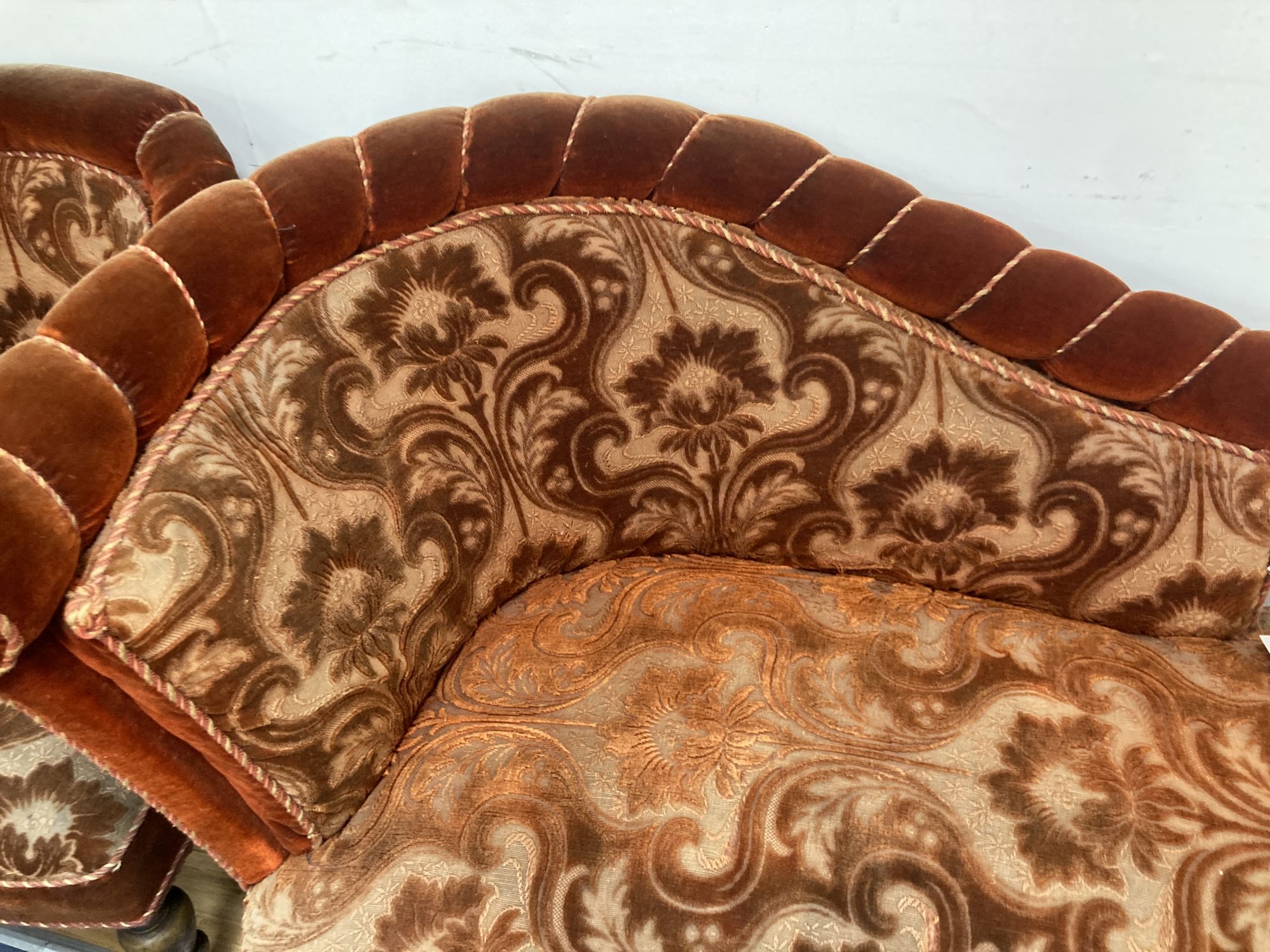 A small Victorian chaise longue, length 120cm, depth 80cm, height 84cm and matching tub framed armchair, each with cut red velvet uphol